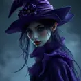 Matte portrait of a mysterious kiki the witch in purple, Intricate, Half Body, Realistic, Sharp Focus, Volumetric Lighting, Elegant by Stefan Kostic