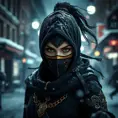 Wallpaper of a mysterious beautiful masked kunoichi ninja wearing eyeliner and gold jewelry in the streets of a dark snowy town in moscow, fluid motion, Highly Detailed, Intricate, Realistic, Sharp Focus, Volumetric Lighting, Fantasy, Elegant