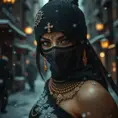 A mysterious beautiful masked kunoichi ninja wearing eyeliner and gold jewelry in the streets of a dark snowy town in moscow, fluid motion, Highly Detailed, Intricate, Realistic, Sharp Focus, Volumetric Lighting, Fantasy, Elegant