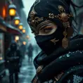 A mysterious beautiful masked kunoichi ninja wearing eyeliner and gold jewelry in the streets of a dark snowy town in moscow, fluid motion, Highly Detailed, Intricate, Realistic, Sharp Focus, Volumetric Lighting, Fantasy, Elegant