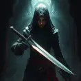 Full body matte portrait of a veiled female Assassin with daggers in a dungeon, Highly Detailed, Gothic and Fantasy, Volumetric Lighting, Fantasy, Threatening by Greg Rutkowski