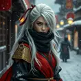 Mysterious beautiful white kunoichi ninja wearing black, red and gold in the streets of a dark snowy town in russia, Intricate Details, White Hair, Photo Realistic by Stefan Kostic