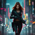 full body shot, armed beautiful woman walking with detailed eyes, dynamic pose, athletic , Cybernatic and Sci-Fi, Cyberpunk, Cityscape, Blade Runner 2049, Neon light effect, Neon, Futurism, Threatening by Stefan Kostic