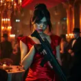 A dangerously armed asian feme fatale in silk red dress at a masquerade ball, Cyberpunk, Sci-Fi, Photo Realistic