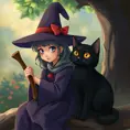 Kiki the witch and Jiji the cat, Highly Detailed, Beautiful, Digital Painting, Anime, Fantasy by Studio Ghibli