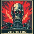 terminator for president, intricate soviet propaganda poster, Cyrillic text, Boris kriukov, vote for T800, sharp focus, text at bottom, Cyrillic, no blur, terminator t800, Dystopian, Highly Detailed, Intricate Details, Post-Apocalyptic, Psychedelic, Retro-Futurism, Soviet Poster, Digital Painting, Poster, Propaganda Poster, Artgerm by Beeple, Alex Grey, Alphonse Mucha