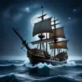 Close up of a Pirate Ship in rough seas on a dark starry night, Intricate, Ultra Detailed, Symmetry, Beautiful, Sharp Focus, Astrophotography, Centered, Volumetric Lighting by Stanley Artgerm Lau