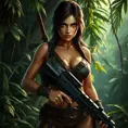 Full body portrait of a beautiful armed Lara Croft in the jungle, Highly Detailed, Intricate, Sharp Focus, Volumetric Lighting, Fantasy, Elegant, Threatening by Stanley Artgerm Lau