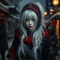 Mysterious beautiful white kunoichi ninja wearing black, red and gold in the streets of a dark snowy town in russia, Intricate Details, White Hair, Photo Realistic by Stefan Kostic