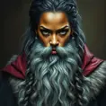 Rihanna as a wizard with a very long beard like Dumbledore, Intricate Artwork, Intricate Details, Half Body, Beautiful, Matte Painting, Sharp Focus, Portrait, Fantasy, Threatening by Stefan Kostic