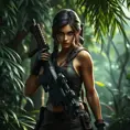 Full body portrait of a beautiful armed Lara Croft in the jungle, Highly Detailed, Intricate, Sharp Focus, Volumetric Lighting, Fantasy, Elegant, Threatening by Stefan Kostic