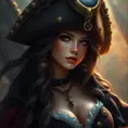 A beautiful female Pirate, Intricate, Half Body, Realistic, Volumetric Lighting, Fantasy, Elegant by Stanley Artgerm Lau