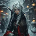 Mysterious beautiful white kunoichi ninja wearing black, red and gold in the streets of a dark snowy town in russia, 8k, Intricate Details, Trending on Artstation, White Hair by Stefan Kostic