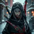 Mysterious beautiful white kunoichi ninja wearing black, red and gold in the streets of a dark snowy town in russia, Intricate Details, White Hair, Photo Realistic by Greg Rutkowski