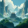 landscape of a large chinese temple in the tall mountains, Highly Detailed, Beautiful, Digital Painting, Anime, Fantasy by Studio Ghibli