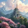 Landscape of a large japanese castle in the tall mountains, with matsu pine trees, with sakura cherry trees, Highly Detailed, Beautiful, Digital Painting, Anime, Fantasy by Studio Ghibli