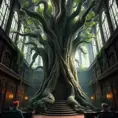 A beautiful giant tree growing in the middle of an ancient victorian library indoors. a door is embedded in the tree, 4k resolution, Hyper Detailed, Pixiv, Trending on Artstation, Vintage Illustration, Hearthstone, Unreal Engine, Volumetric Lighting, Concept Art, Digital Art, Fantasy by Stanley Artgerm Lau, Angela Barrett, WLOP