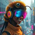 A Cyberpunk half bee and half Human girl with vizor, Afrofuturism, Cybernatic and Sci-Fi, Cityscape, Bloom light effect, Colorful, Ecstatic, Exciting, Joyful