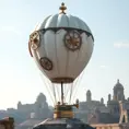 White steampunk hot air balloon with gears, Victorian style Ancient buildings, archeological ruins of lost civilizations and technology, Steampunk, Iridescence