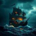 The pirates of Caribbean on the Black pearl pirate ship in rough seas, Volumetric Lighting, Dark