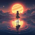 Anime girl walking on water, ripples, backdrop of dawn, saturn in the background, Highly Detailed, Beautiful, Digital Painting, Anime, Fantasy by Studio Ghibli