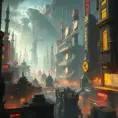 A fantasy cyberpunk city, Highly Detailed, Intricate Artwork, Cybernatic and Sci-Fi, Photo Realistic, Volumetric Lighting