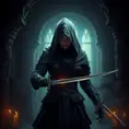 Full body matte portrait of a veiled female Assassin with daggers in a dungeon, Gothic and Fantasy, Volumetric Lighting, Fantasy, Threatening by Stanley Artgerm Lau