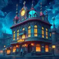 art nuveau exterior fantasy colorful building office space futuristic rococco baroques victorian, Highly Detailed, Masterpiece, Vintage Illustration, Cinematic Lighting, Photo Realistic, Digital Art by Studio Ghibli