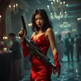 A dangerously armed asian feme fatale in silk red dress at a masquerade ball, Cybernatic and Sci-Fi, Cyberpunk, Sci-Fi by Stefan Kostic