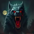 large evil wolf howling, red eyes, big teeth, Eldritch, Fantasy, Apocalyptic, Doom, Dreadful, Forbidding, Frightful, Harrowing, Ominous, Shocking, Terrifying, Threatening, Unnerving