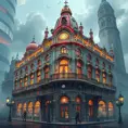 art nuveau exterior fantasy colorful building office space futuristic rococco baroques victorian, Highly Detailed, Masterpiece, Vintage Illustration, Cinematic Lighting, Photo Realistic, Sharp Focus, Smooth, Digital Art, Vector Art, Soft by Stanley Artgerm Lau