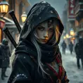 Mysterious beautiful white kunoichi ninja wearing black, red and gold in the streets of a dark snowy town in russia, Intricate Details, White Hair, Photo Realistic by Greg Rutkowski