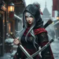 Mysterious beautiful white kunoichi ninja wearing black, red and gold in the streets of a dark snowy town in russia, 8k, Intricate Details, Trending on Artstation, White Hair by Stanley Artgerm Lau