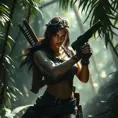 Full body portrait of a beautiful armed Lara Croft emerging from the jungle, Highly Detailed, Intricate, Sharp Focus, Volumetric Lighting, Fantasy, Elegant, Threatening by Greg Rutkowski