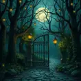A beautiful digital illustration painting of a detailed gothic fantasy fireflies forest trees and iron gate cobblestone pathway vines full moon, 8k, Artstation, Digital Illustration, Concept Art by Justin Gerard, James Gurney