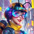 A Cyberpunk half bee and half Human girl with vizor, Cybernatic and Sci-Fi, Cityscape, Bloom light effect, Colorful, Ecstatic, Exciting, Joyful by Stanley Artgerm Lau