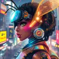 A Cyberpunk half bee and half Human girl with vizor, Afrofuturism, Cybernatic and Sci-Fi, Cityscape, Bloom light effect, Colorful, Ecstatic, Exciting, Joyful