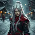 Mysterious beautiful white kunoichi ninja wearing black, red and gold in the streets of a dark snowy town in russia, 8k, Intricate Details, Trending on Artstation, White Hair by Stefan Kostic
