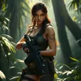 Full body portrait of a beautiful armed Lara Croft in the jungle, Highly Detailed, Intricate, Sharp Focus, Volumetric Lighting, Fantasy, Elegant, Threatening by Stanley Artgerm Lau