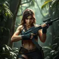 Full body portrait of a beautiful armed Lara Croft in the jungle, Highly Detailed, Intricate, Sharp Focus, Volumetric Lighting, Fantasy, Elegant, Threatening by Stanley Artgerm Lau