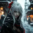 Mysterious beautiful white kunoichi ninja wearing black, red and gold in the streets of a dark snowy town in russia, Intricate Details, White Hair, Photo Realistic by Greg Rutkowski