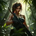 Full body portrait of a beautiful armed Lara Croft in the jungle, Highly Detailed, Intricate, Sharp Focus, Volumetric Lighting, Fantasy, Elegant, Threatening by Stanley Artgerm Lau