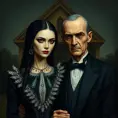 American Gothic with Gomez and Morticia Addams, Intricate Artwork, Intricate Details, Half Body, Beautiful, Matte Painting, Sharp Focus, Portrait, Fantasy, Threatening by Stefan Kostic