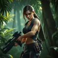 Full body portrait of a beautiful armed Lara Croft in the jungle, Highly Detailed, Intricate, Sharp Focus, Volumetric Lighting, Fantasy, Elegant, Threatening by Stanley Artgerm Lau