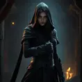 Full body matte portrait of a beautiful veiled armed female Assassin in a dungeon, Gothic and Fantasy, Volumetric Lighting, Fantasy, Threatening by Stefan Kostic