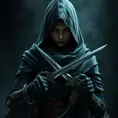 Full body portrait of a Veiled female Assassin with daggers, Highly Detailed, Dark Souls, Volumetric Lighting, Fantasy, Threatening