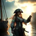 A beautiful female Pirate, Intricate, Half Body, Realistic, Volumetric Lighting, Fantasy, Elegant by Stefan Kostic