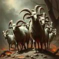 A flock of evil goats monsters, Eldritch, Fantasy, Apocalyptic, Doom, Dreadful, Forbidding, Frightful, Harrowing, Ominous, Shocking, Terrifying, Threatening, Unnerving