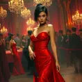 A dangerously armed asian feme fatale in silk red dress at a masquerade ball, Cybernatic and Sci-Fi, Cyberpunk, Sci-Fi by Stefan Kostic