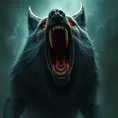 large evil wolf howling, red eyes, big teeth, Eldritch, Fantasy, Apocalyptic, Doom, Dreadful, Forbidding, Frightful, Harrowing, Ominous, Shocking, Terrifying, Threatening, Unnerving